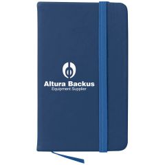blue value journal with matching bookmark and strap closure and an imprint saying altura backus equipment supplier