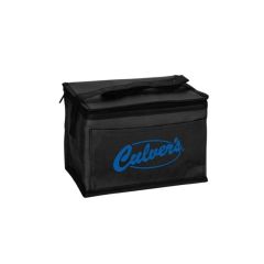 black lunch bag with a front pocket, main zippered compartment, and an imprint saying culver's