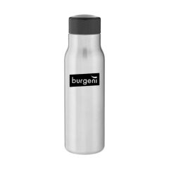 silver stainless steel bottle with a black screwable cap and an imprint saying burgeni