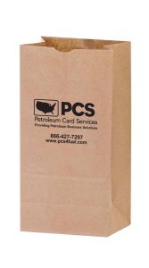 personalized tan paper bag and an imprint with an image of the united states and text saying pcs petroleum card services providing petroleum business solutions and contact information below