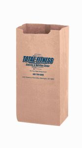 personalized tan paper bag with a blue imprint saying total fitness exercise & nutrition center for your best shape ever! and contact information below