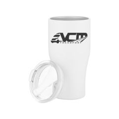 white matte tumbler and an imprint of a bus with the letters vcm transport on it