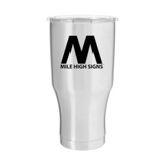 silver large tumbler with plastic lid and an imprint with an M and text below saying mile high signs