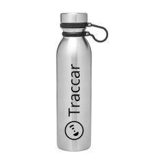insulated silver bottle with an imprint saying traccar