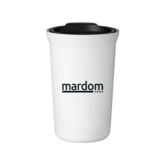 white matte tumbler with a black lid and an imprint saying mardom home