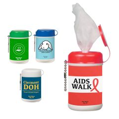 30 piece mini wet wipe canister with red, blue, green, and white cap and matching colored full color labels on them with bead keychain attachment