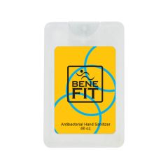 Clear hand sanitizer card with an imprint of a yellow background with blue circles and text saying benefit