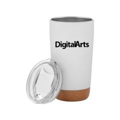 white matte tumbler with cork base and an imprint saying digitalarts