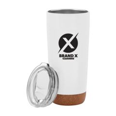 white cork base tumbler with plastic lid and an imprint saying brand x cleaners