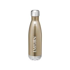 insulated gold bottle with silver cap and base and an imprint saying emfurn elite modern furniture