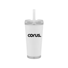 Personalized white Tumbler With Straw and an imprint saying corus.