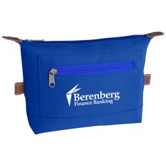 Blue cosmetic bag with front zipper and zippered main compartment and an imprint saying berenberg finance banking