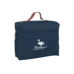 navy toiletry bag with leatherette carrying handle and zippered main compartment