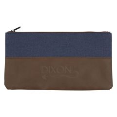blue and brown pouch with debossed print and zippered main compartment