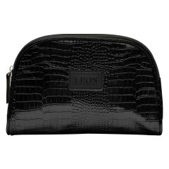 black cosmetic bag with front patch and zippered main compartment