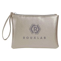 silver cosmetic bag with side strap handle and zippered main compartment