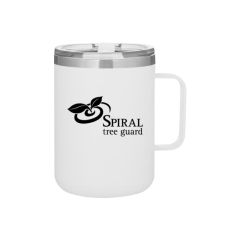 white stainless steel mug with a plastic lid and an imprint saying spiral tree guard