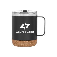 black stainless steel mug with a cork base and silver top and an imprint saying source code