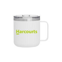 white mug with a silver lining and a plastic lid and has an imprint saying harcourts