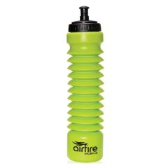 lime green accordion water bottle with a black lid and an imprint below saying airfire mobile