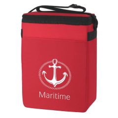 red lunch bag with adjustable strap and an imprint saying maritime