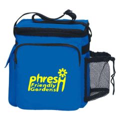 lunch bag with adjustable strap, two zippers, and side mesh pocket