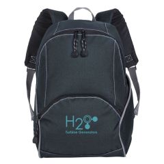 black backpack with a main zippered compartment, bottom pocket, and an imprint saying H20 Turbine Generators