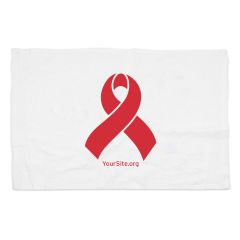 white rally towel with red ribbon imprint and yoursite.org text below it