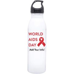 white stainless steel bottle with black lid and an imprint saying world aids day next to a red ribbon and add your info! text below