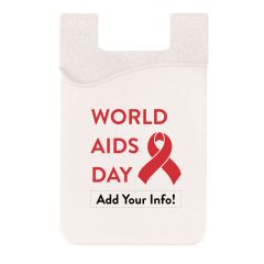 white cell phone wallet with an imprint saying world aids day next to a red ribbon and add your info! text below