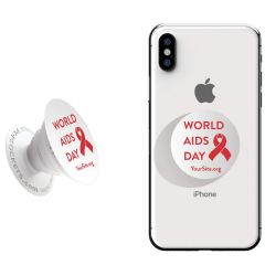 a white iphone with a popsocket with the worlds aids day text and red ribbon logo with yoursite.org text below