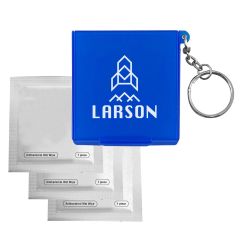 3 alcohol wipes with a blue case and an imprint saying larson