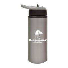 gray stainless steel bottle with a black and gray top and an imprint saying Duckwater Sporting Shop