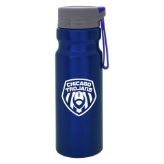blue aluminum bottle with gray lid attached to a matching strap and an imprint saying Chicago Trojans