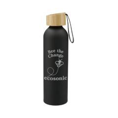 black aluminum bottle with a bamboo lid attached to a silicone strap and an imprint saying Bee the change ecosonic