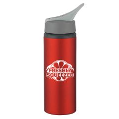 red aluminum bottle with a gray lid and an imprint saying Freshly Squeezed