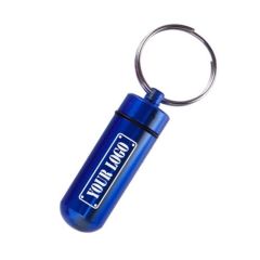 blue pill box with a split ring attachment and an imprint saying your logo