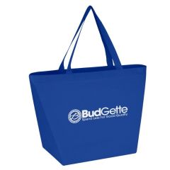blue antimicrobial tote shopper tote bag with an imprint saying Budgette Spend less for good quality
