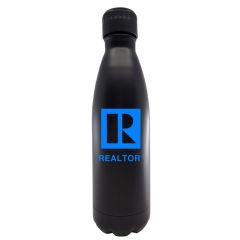 black stainless steel bottle with a screwable cap and an imprint saying Realtor