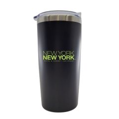 black stainless steel tumbler with a clear lid and an imprint saying New York New York Hotel & Casino - Las Vegas