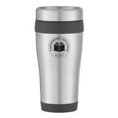 stainless steel tumbler with gray trim and an imprint saying Partnership Education EST. 1977