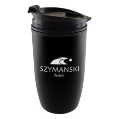 black stainless steel tumbler with a black plastic lid and an imprint saying Szymanski rentals