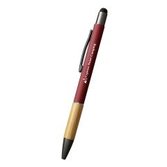 maroon pen with a bamboo grip, stylus on top, and an imprint saying cypress point camping