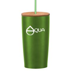 green tumbler with a bamboo lid and matching straw with an imprint saying Aqua on the front