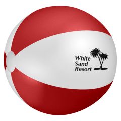Personalized red and white beach ball with imprint saying white sand resort