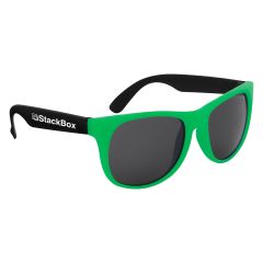 personalized green and black sunglasses with imprint on the left side of sunglasses