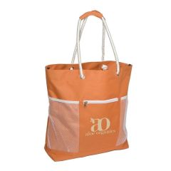 orange beach tote with 2 mesh side pockets, main zippered compartment, rope handles with padded grips, and an imprint saying aloe organics