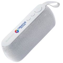white bluetooth speaker with silicone strap and an imprint saying creative solutions