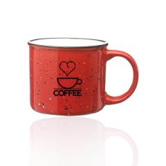 red speckled finished mug with an imprint of a coffee cup with the steam being a heart