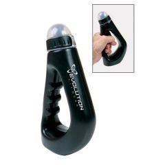 black plastic bottle with a clear cap and an imprint saying Evolution Fitness